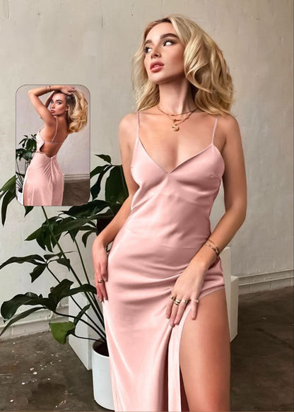 Classic Sexy Criss Cross Tie Back Satin Cami Dress فستان حرير مستورد كلاسيك
