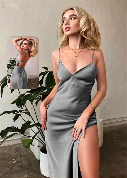 Classic Sexy Criss Cross Tie Back Satin Cami Dress فستان حرير مستورد كلاسيك