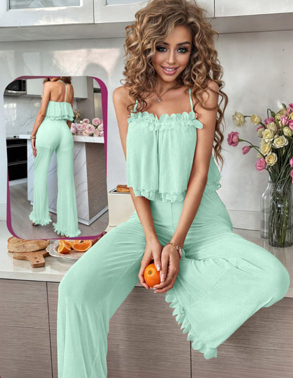 Floral Lace Decor Double Layered Mesh Cami Top And Pants Pajama Set بيجامه تول