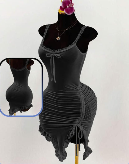 Women Lace Patchwork Bust Ruched Tie Asymmetrical Hem Dress