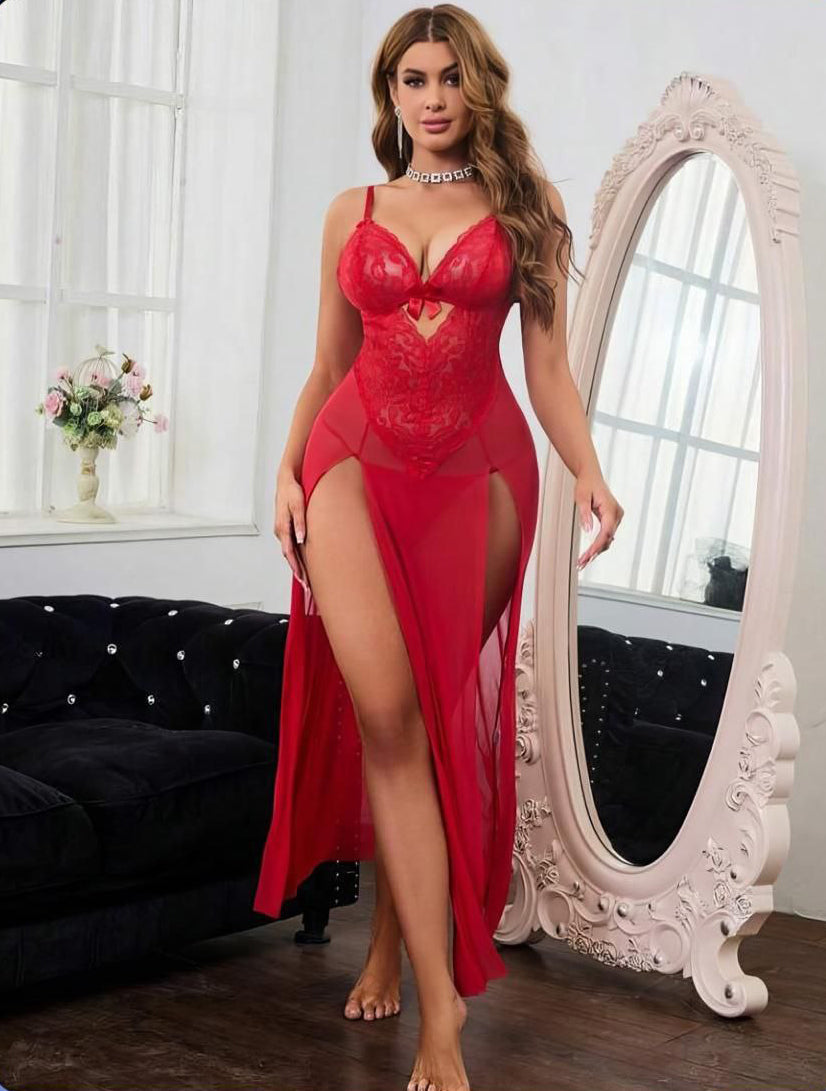 Sexy Women Set With Lace Contrast Mesh Lingerie شفاف طويل تول مع جوبير