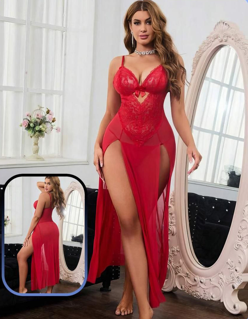 Sexy Women Set With Lace Contrast Mesh Lingerie شفاف طويل تول مع جوبير