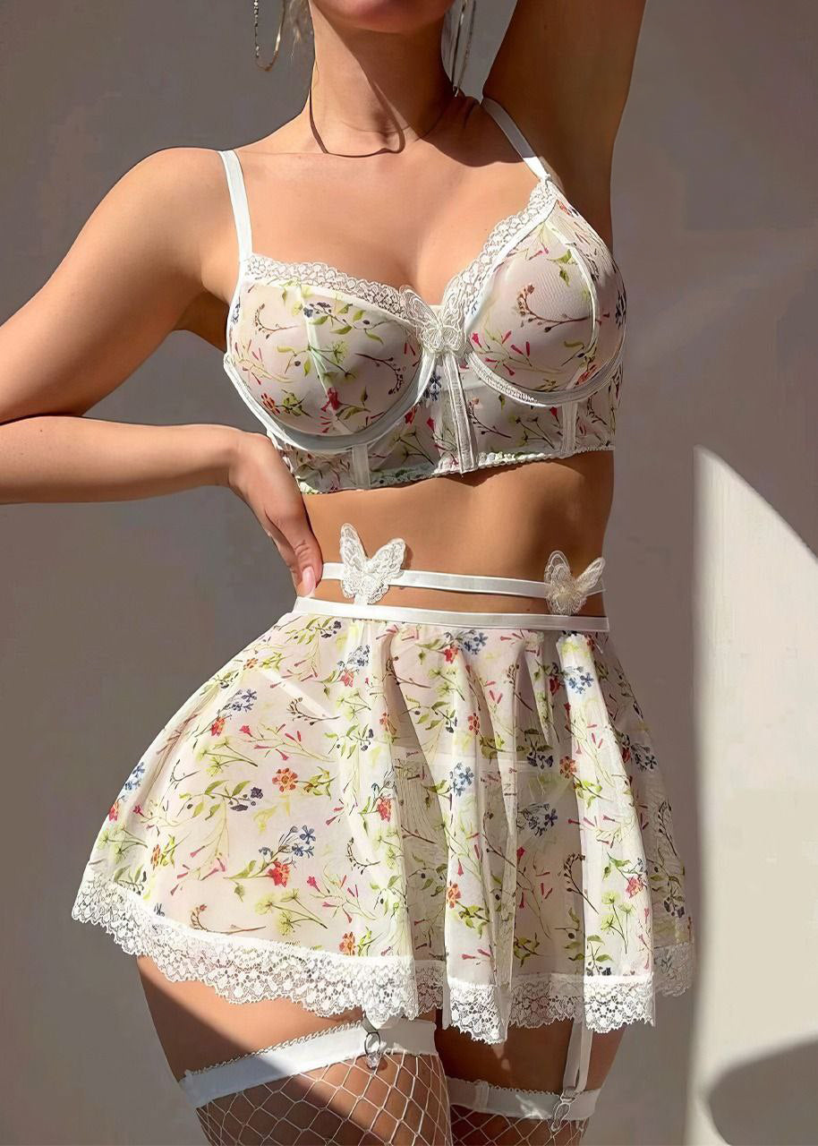 Lace Contrast Mesh Floral Romantic 3pcs/Set
