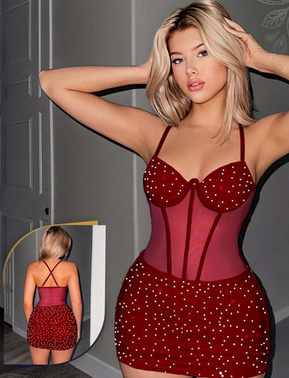 weetina Rhinestone Mesh Contrast Boned Corset Ruched Bodycon Mini Dress