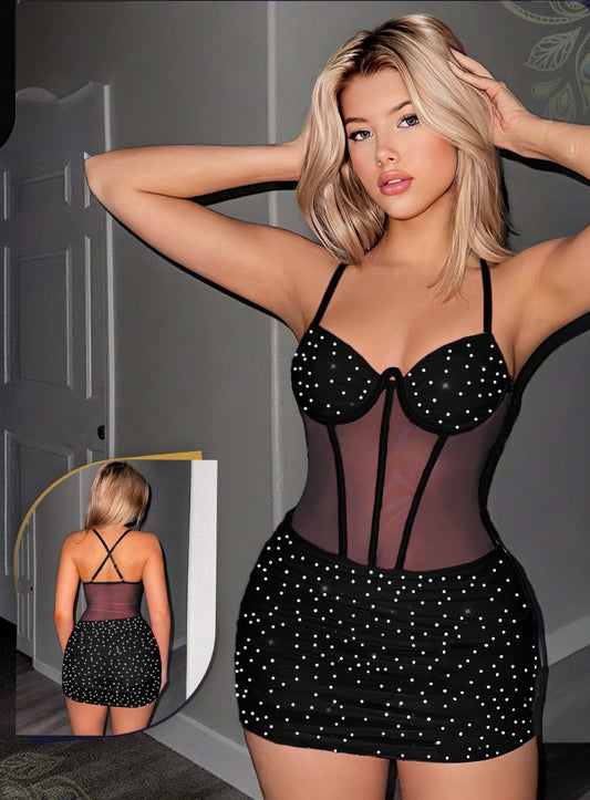 weetina Rhinestone Mesh Contrast Boned Corset Ruched Bodycon Mini Dress