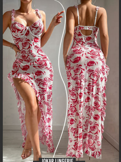 2pcs/Set Romantic Floral Print Ruffle Trim Spaghetti Strap High Slit Dress