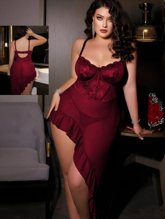 Curve  2pcs/Set Valentine's Lace Contrast Mesh Plus Size Lingerie Dress With G-String