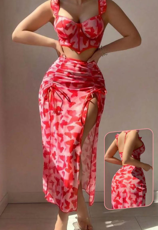 2pcs/Set Women's Sexy Valentine's Lingerie Set: Romantic Floral Print Ruffle