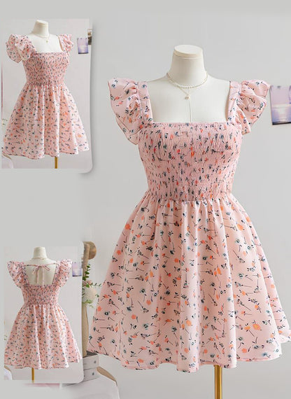 Women Boho Ditsy Floral Shirred Cap Sleeve Dress, ,Holiday Outfits