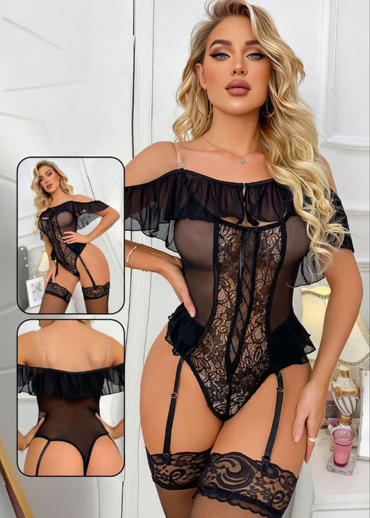 Contrast Lace Lace-Up Front  Corset Lingerie Set