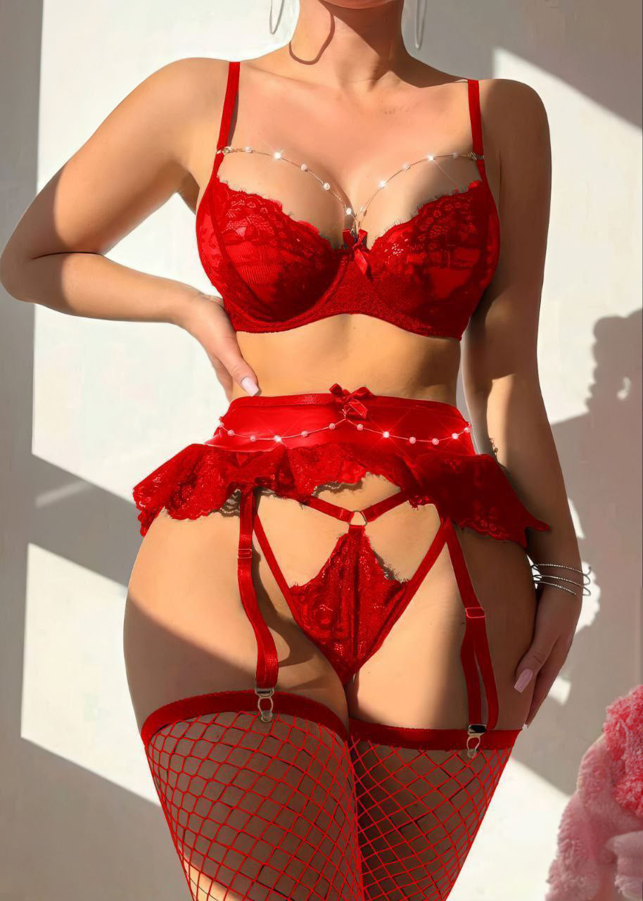 Sexy Set Lace & Faux Leather Ruffles Rhinestone Decor Lingerie With Fishnet Stockings