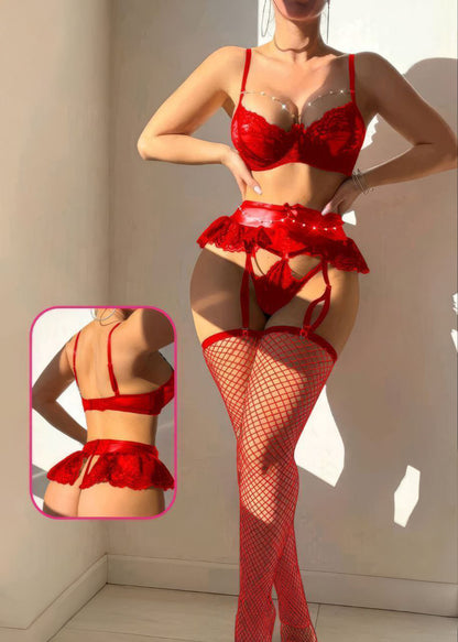 Sexy Set Lace & Faux Leather Ruffles Rhinestone Decor Lingerie With Fishnet Stockings
