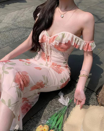 Ditsy Floral V-Neck Dress For Women, Asymmetrical Ruffle Hem, Fitted Bodycon Dress, Summer