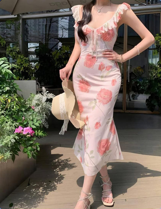 Ditsy Floral V-Neck Dress For Women, Asymmetrical Ruffle Hem, Fitted Bodycon Dress, Summer