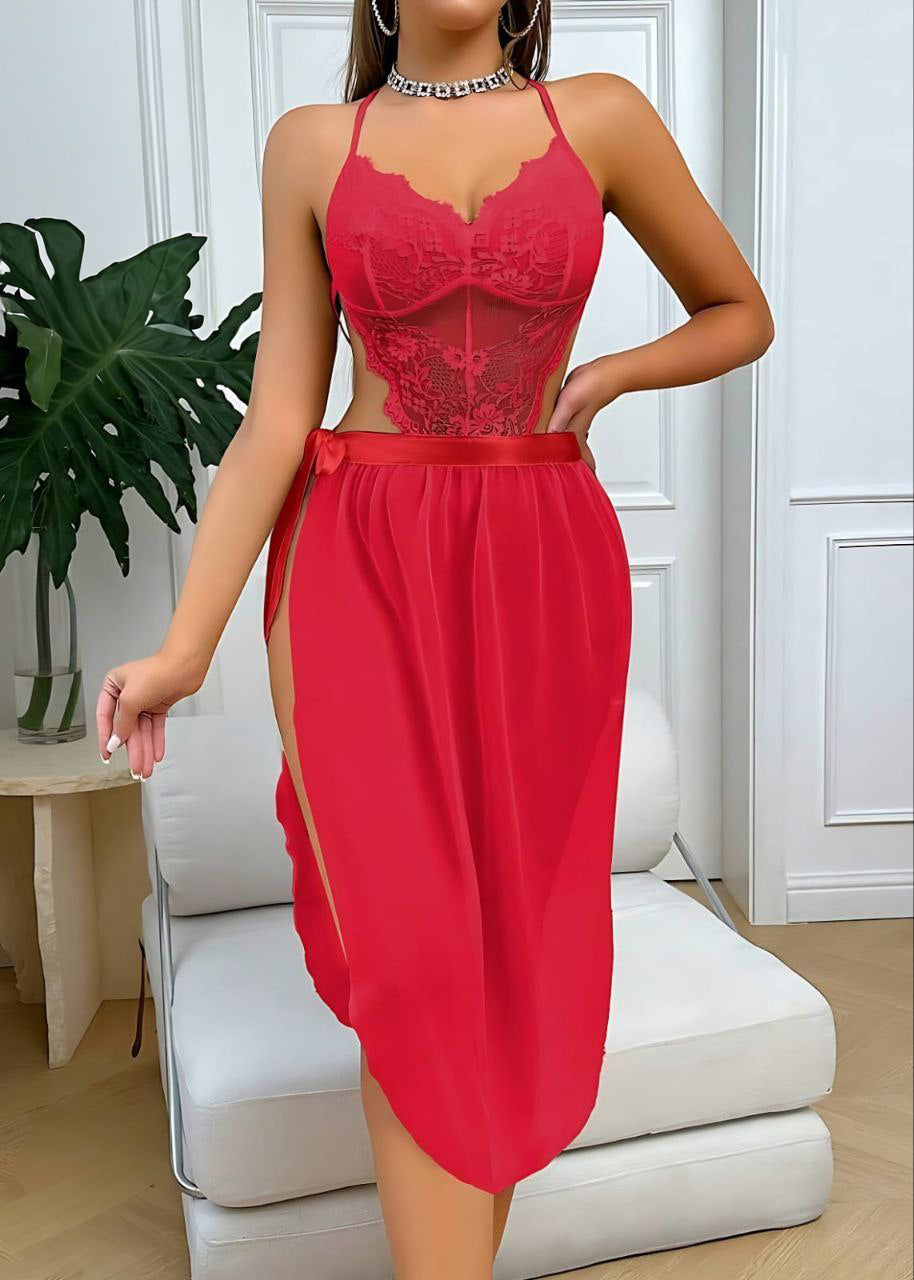 Lace Patchwork Sheer High Slit Sleeveless Nightgown Babydoll Bridallingerie