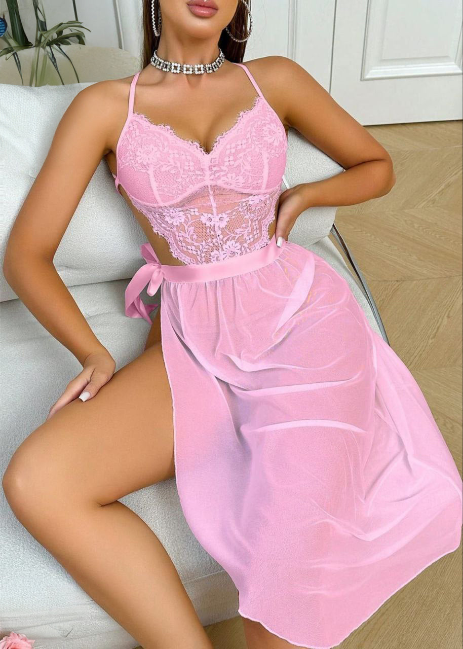 Lace Patchwork Sheer High Slit Sleeveless Nightgown Babydoll Bridallingerie