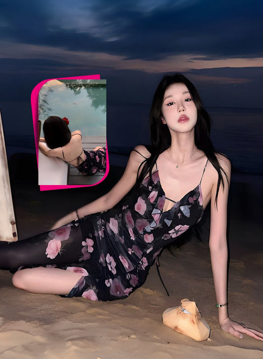 V-Neck Floral Print Slit Mesh Maxi Sheath Dress تول مشجر اربطة من الظهر