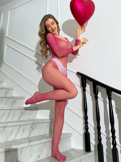 pink Jumpsuit High Elastic Semi Transparent جامبسوت شبك مطرز بينك