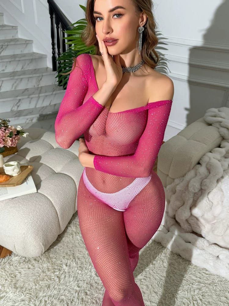 pink Jumpsuit High Elastic Semi Transparent جامبسوت شبك مطرز بينك