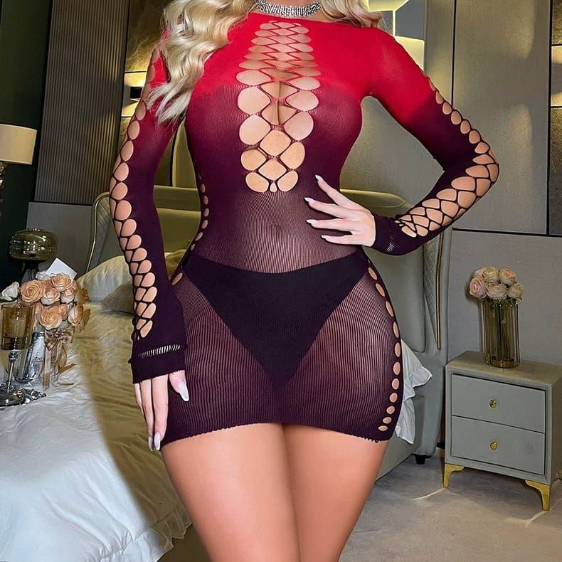 Gradient Red Bodysuit Hollow Long Sleeve Backless Fishnet Dress شبك شفاف اكمام مفتوح من الظهر