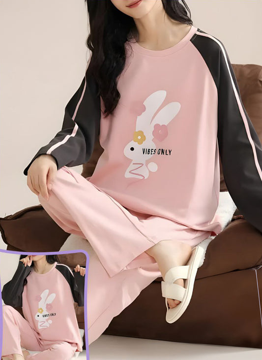 طقم بيجامة قطن بينك بأكمام طويلة