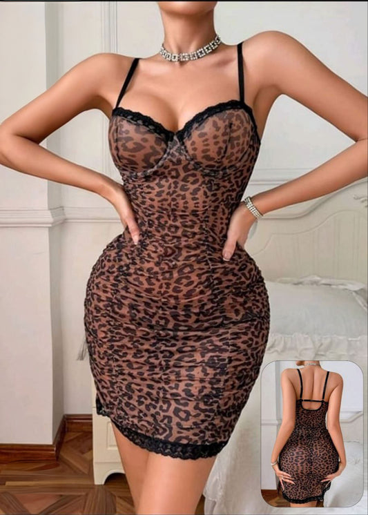 Seduluxe Leopard Contrast Lace Slit Thigh Sexy Lingerie Dress