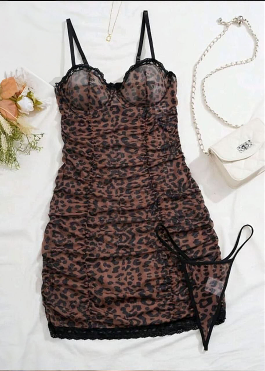 Seduluxe Leopard Contrast Lace Slit Thigh Sexy Lingerie Dress