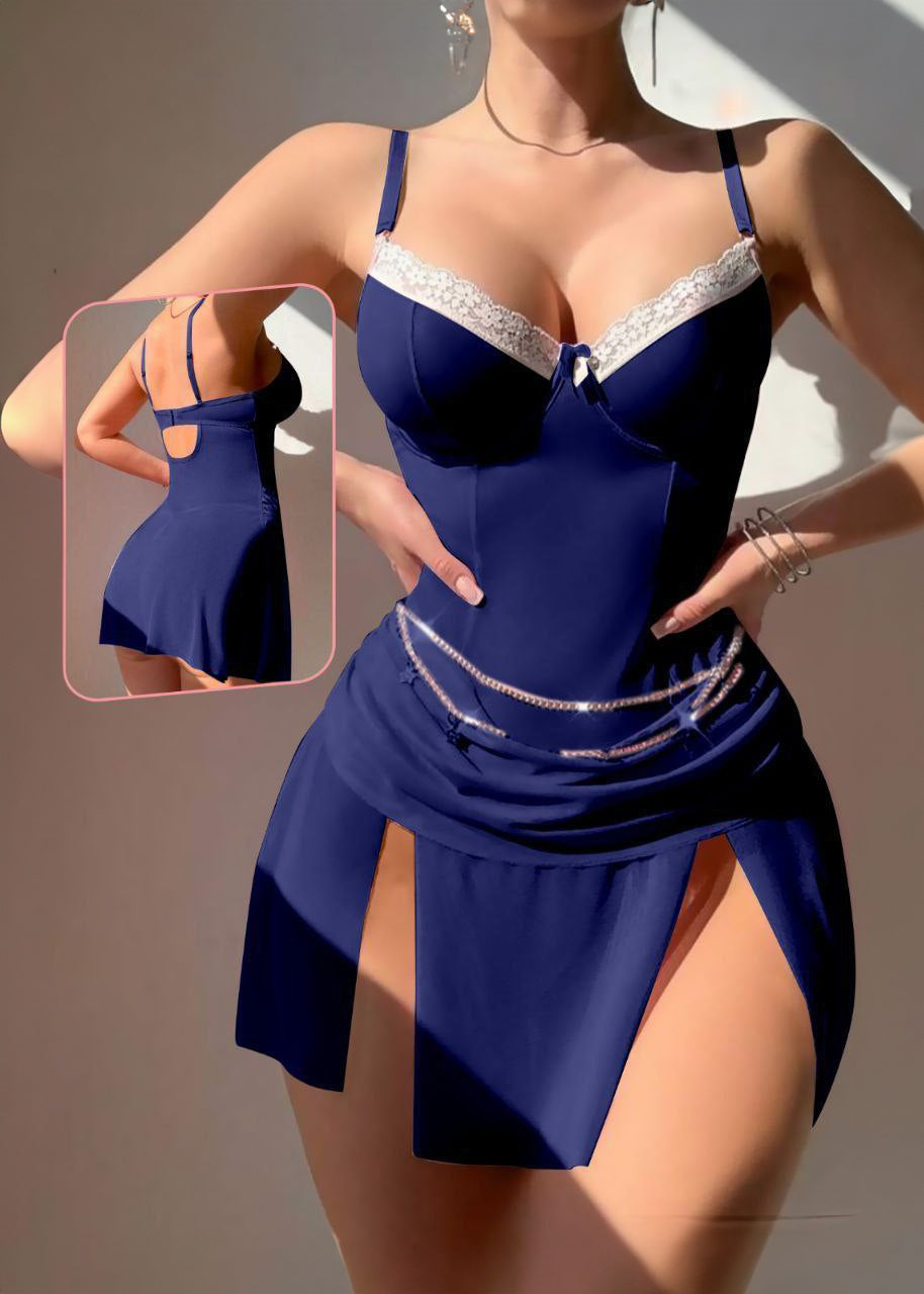 Backless Shaping Camisole See Through  Slit Sexy Short Skirt, Metal Accessories شفاف مع كب وسلسلة من الوسط