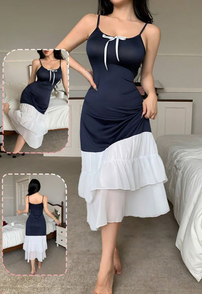 Mini Knitted Loungewear Dress With Chic White Contrast Ruffles