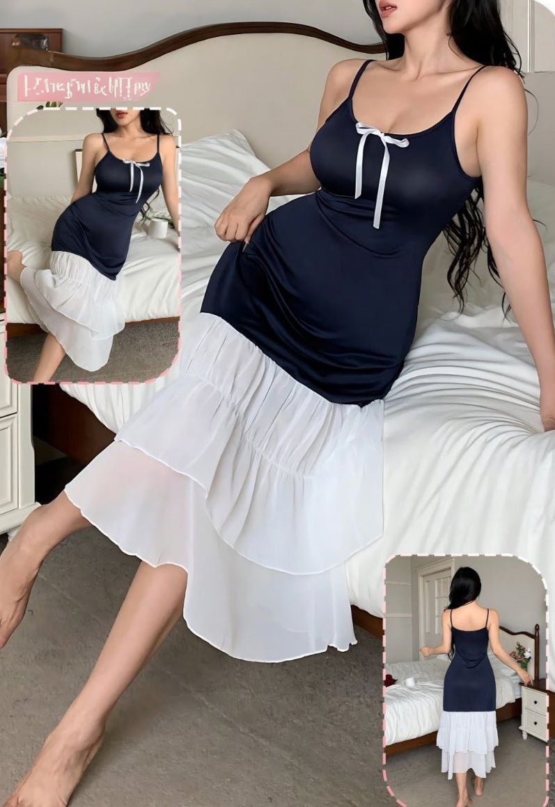 Mini Knitted Loungewear Dress With Chic White Contrast Ruffles