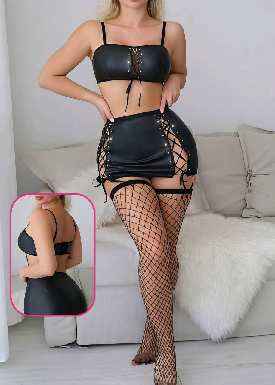 Women's Music Festival Punk Sexy Lingerie Set With Mesh Splicing And Ribbon Details, Going Out