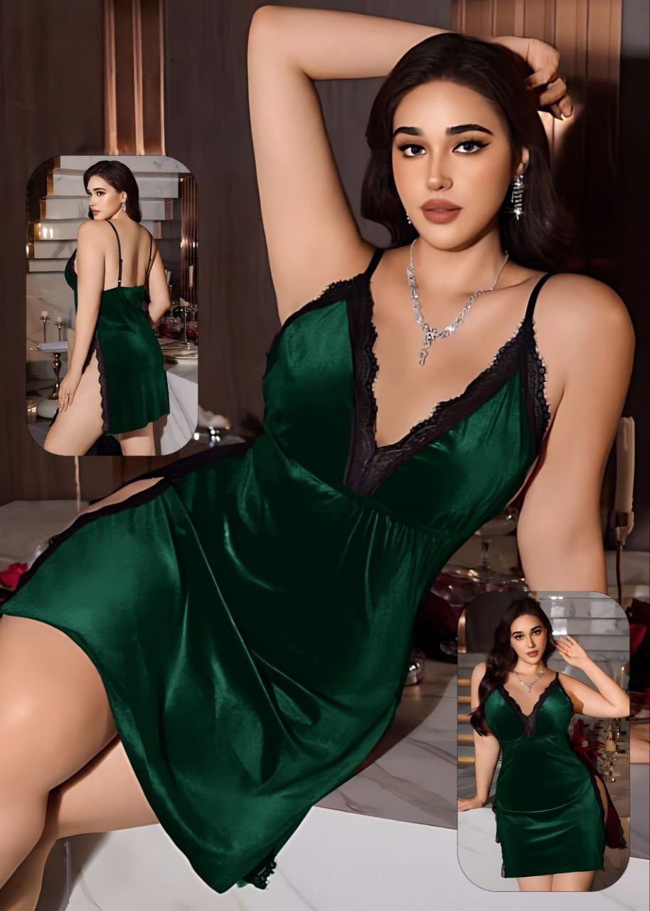 Contrast Lace Trim Split Thigh Velvet Slip Nightdress, Fall Winter قميص  قطيفه مفتوح من الجانبين