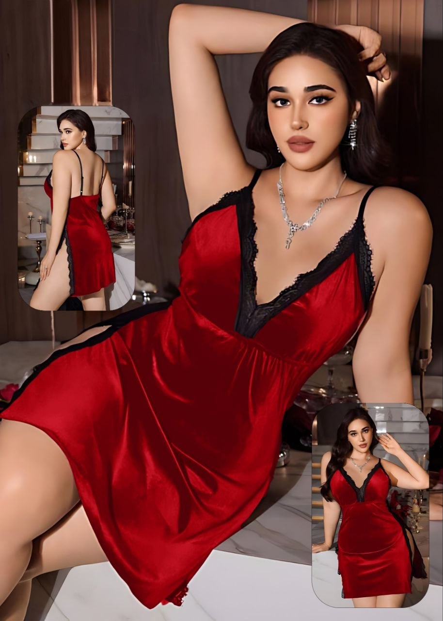 Contrast Lace Trim Split Thigh Velvet Slip Nightdress, Fall Winter قميص  قطيفه مفتوح من الجانبين