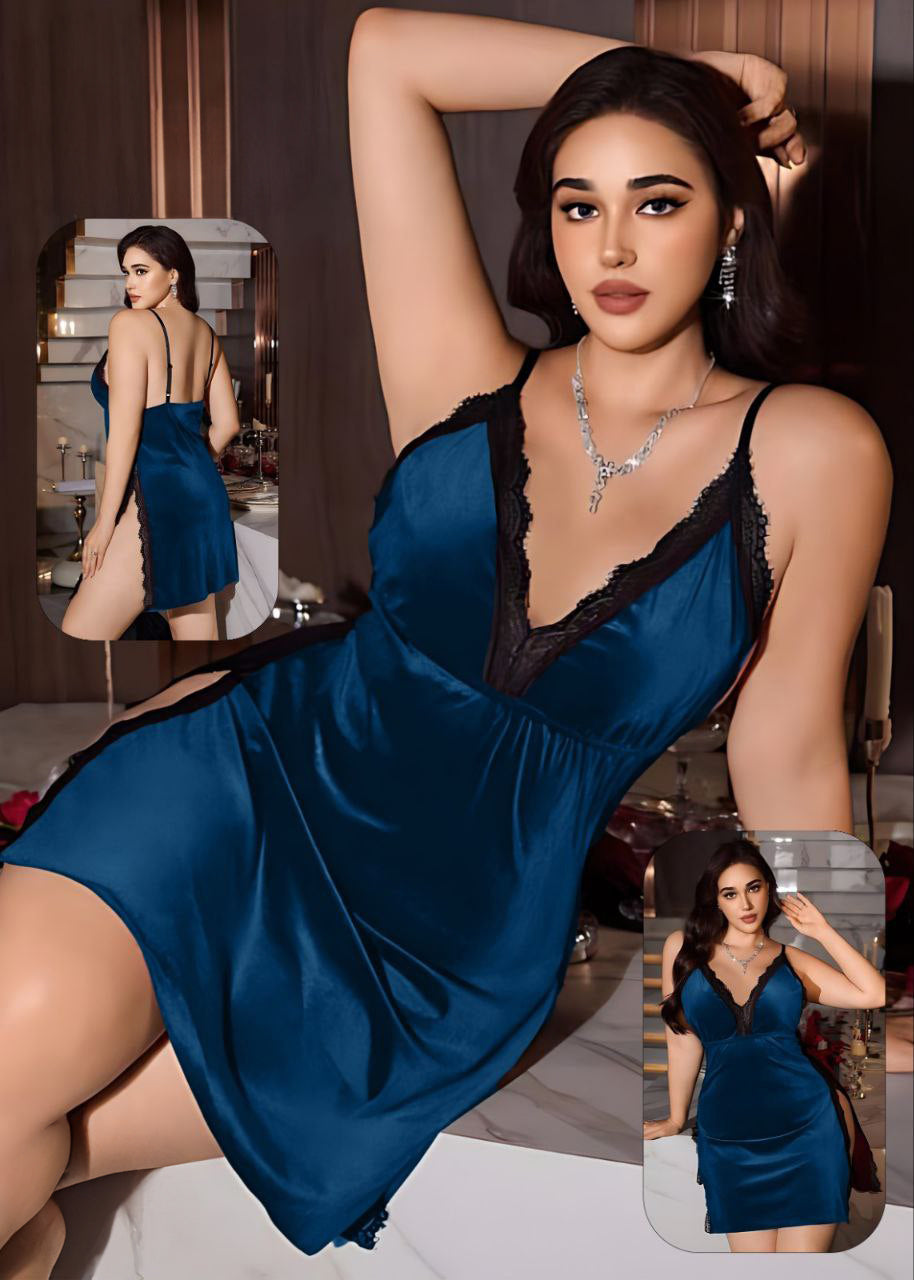 Contrast Lace Trim Split Thigh Velvet Slip Nightdress, Fall Winter قميص  قطيفه مفتوح من الجانبين