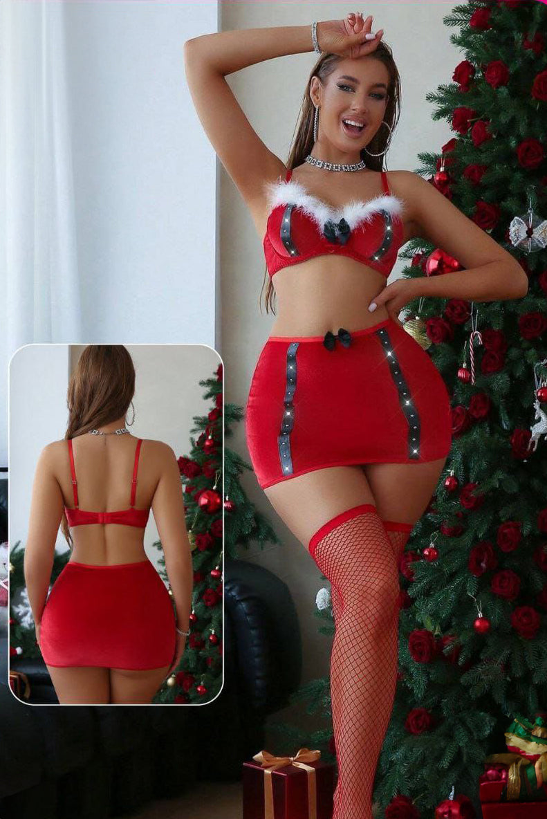 Fantasy Costume  Christmas Santa Claus Cosplay طقم قطيفه مع شراب شبك
