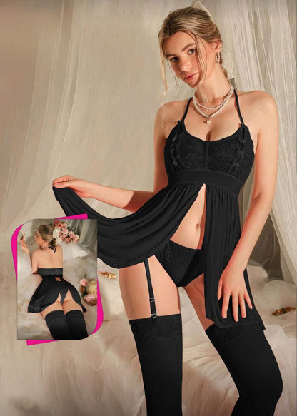 Lace Patchwork Backless Halter Sexy Babydoll  Dress