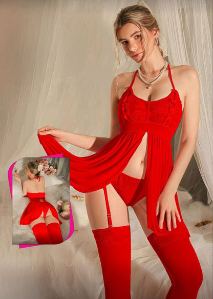 Lace Patchwork Backless Halter Sexy Babydoll  Dress