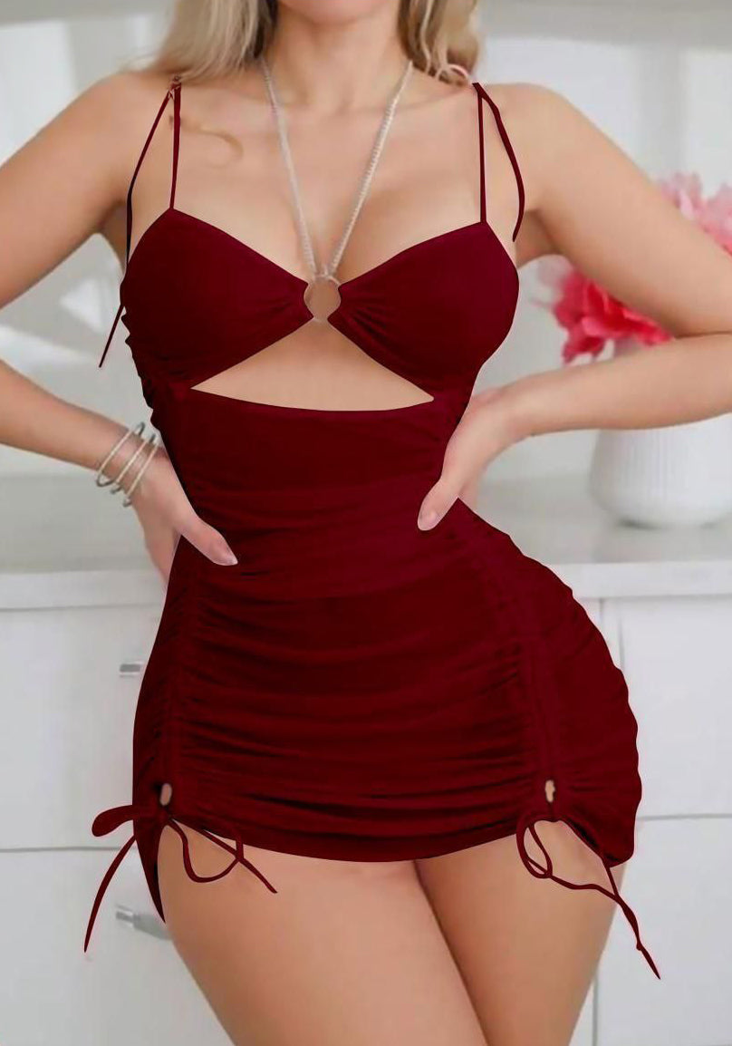 2pcs Women Solid Color Drawstring Ring Connected Strap Sexy Nightgown & G-String Set