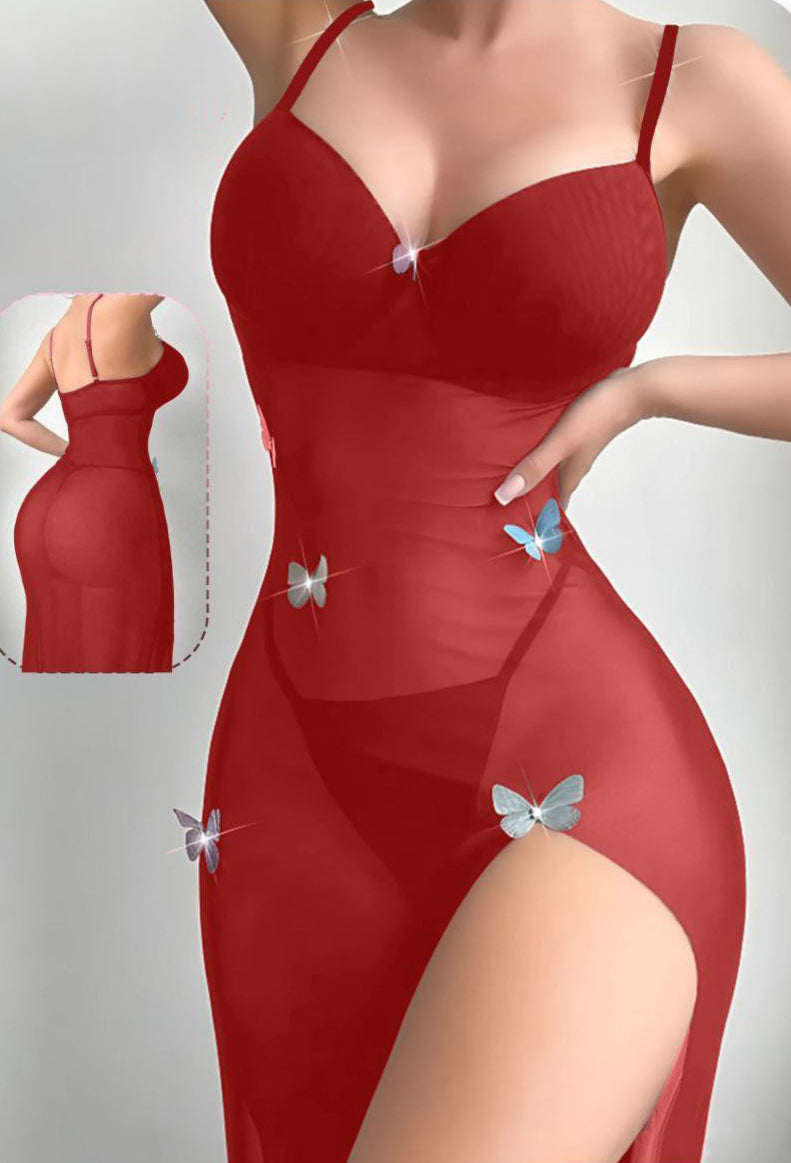 Floral Mesh Side-Slit Dress