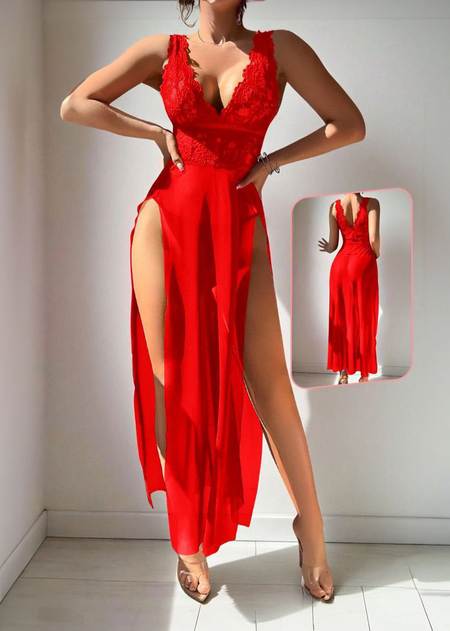 V-Slit Mesh Long Nightgown