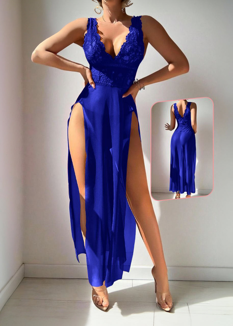 V-Slit Mesh Long Nightgown