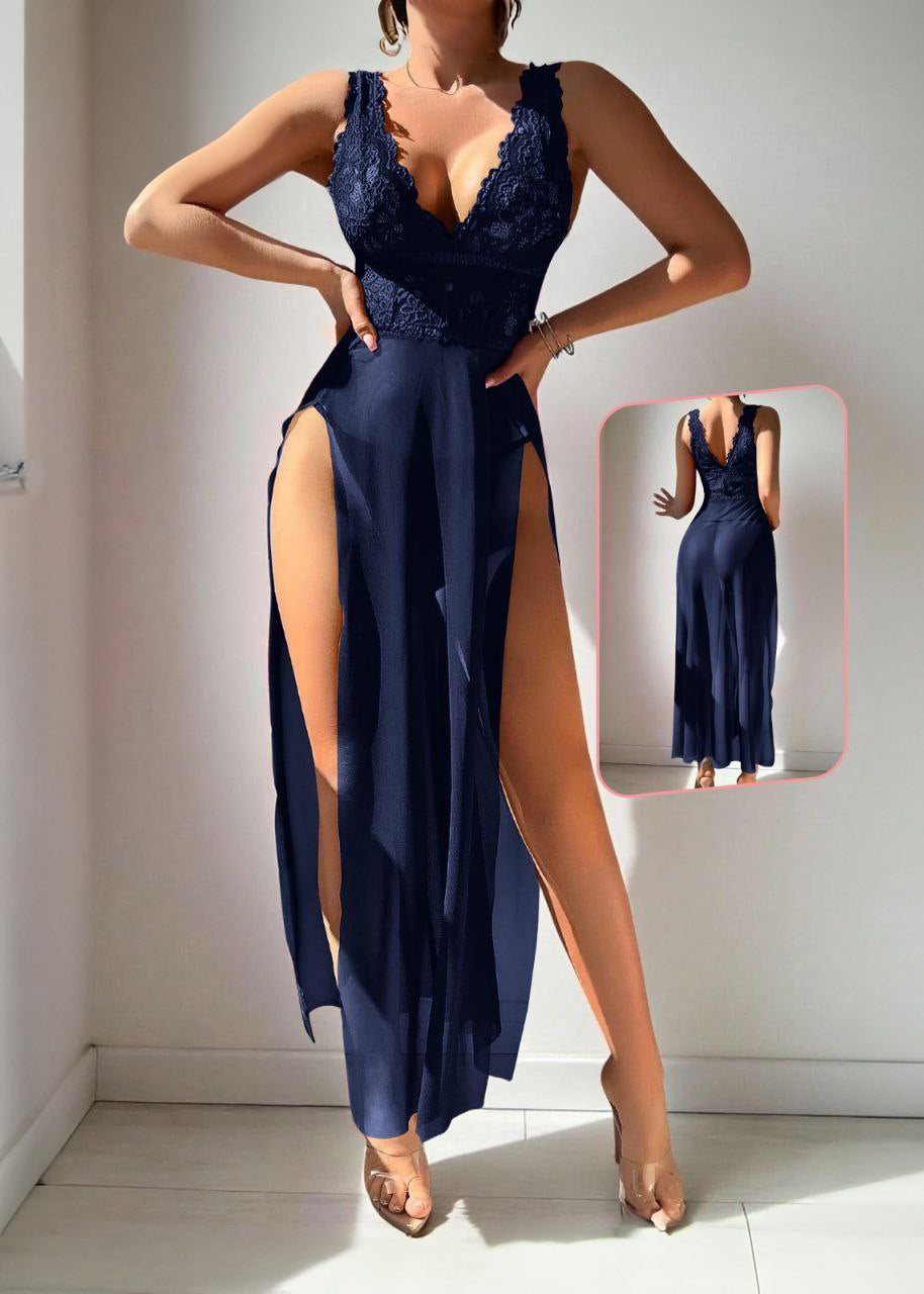 V-Slit Mesh Long Nightgown