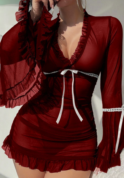 Chemise Nightdress Solid Color See-Through Ruffles Dress