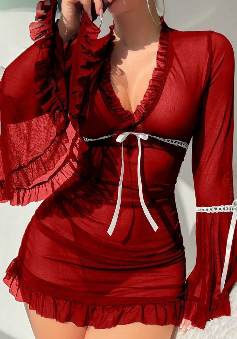 Chemise Nightdress Solid Color See-Through Ruffles Dress