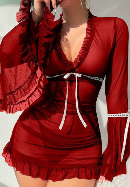 Chemise Nightdress Solid Color See-Through Ruffles Dress