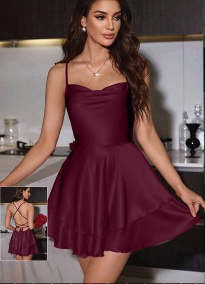 Sexy Satin Backless Tie-Up Elegant Pleated Dress