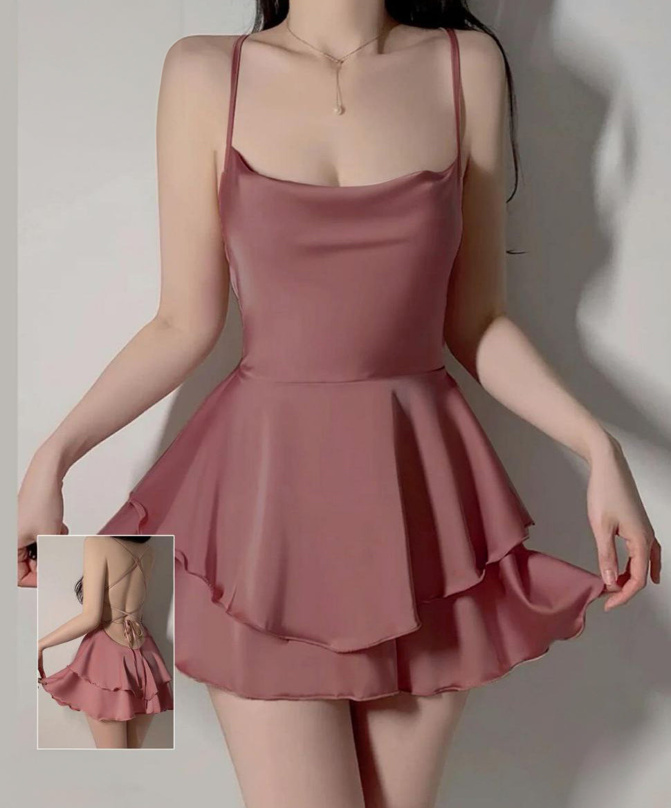 Sexy Satin Backless Tie-Up Elegant Pleated Dress