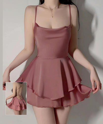 Sexy Satin Backless Tie-Up Elegant Pleated Dress