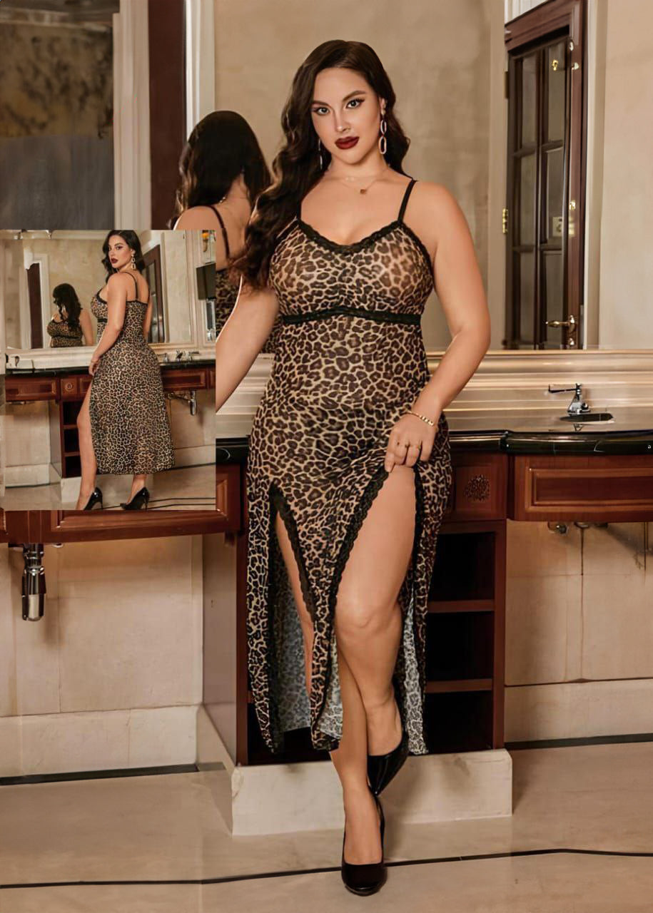Snug Zone 2pcs/Set Plus Size Sexy Leopard Print Nightgown With G-String