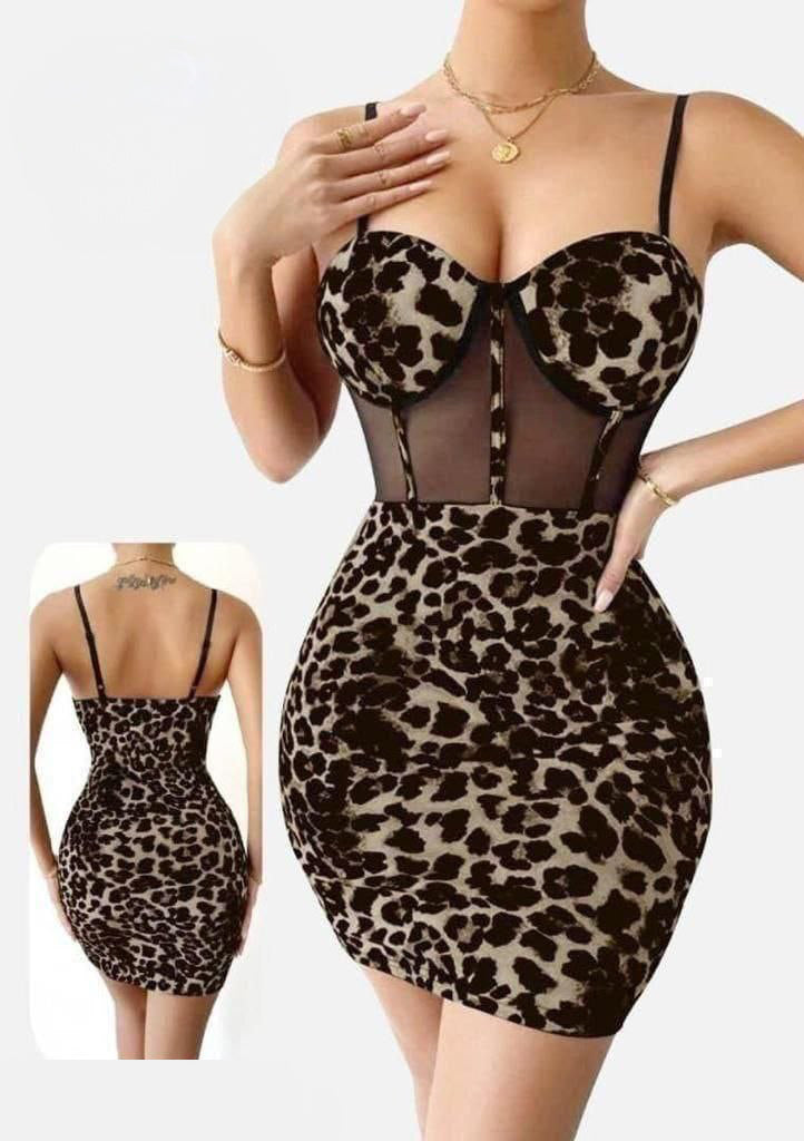 Leopard Print Mesh Panel Dress